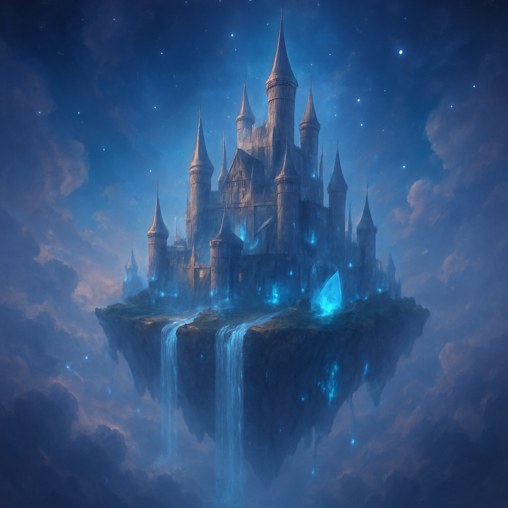 Floating castle with waterfalls